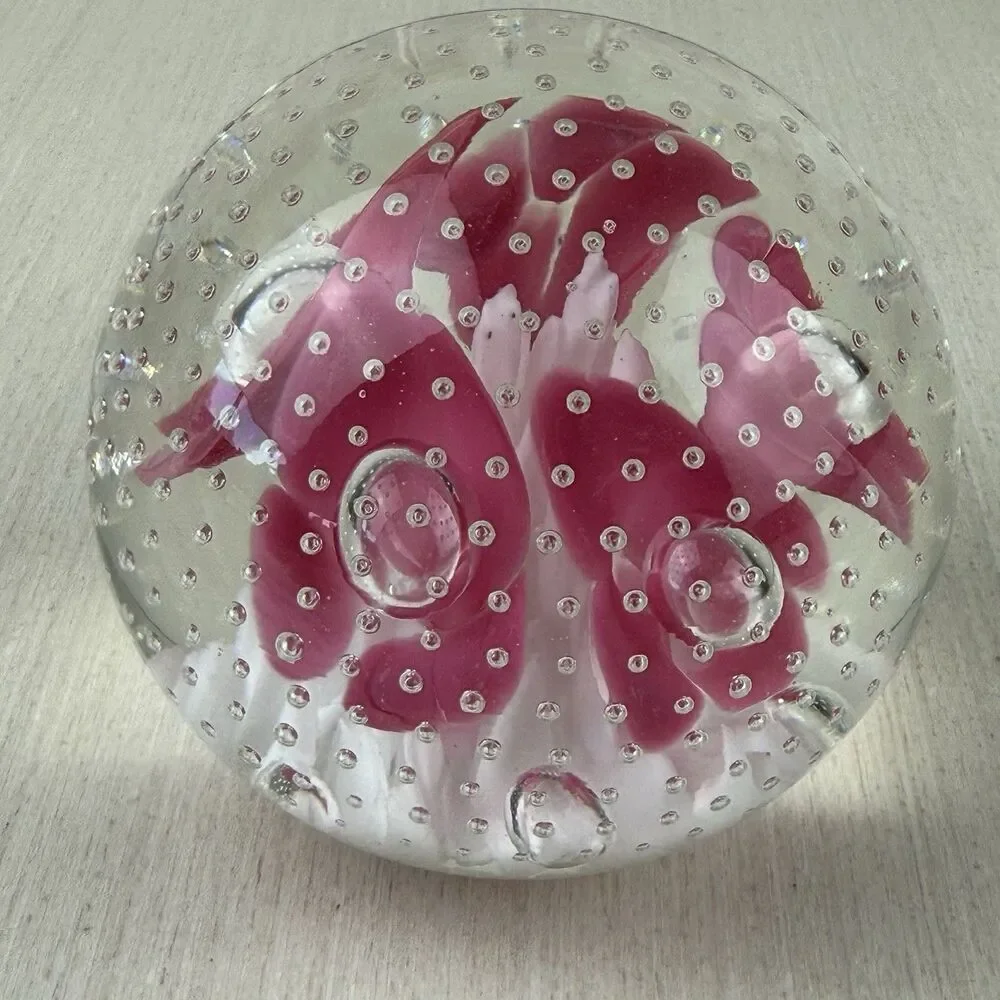 Vintage Joe St Claire Pink Trumpet Flowers Controlled Bubble Paper Weight 3”